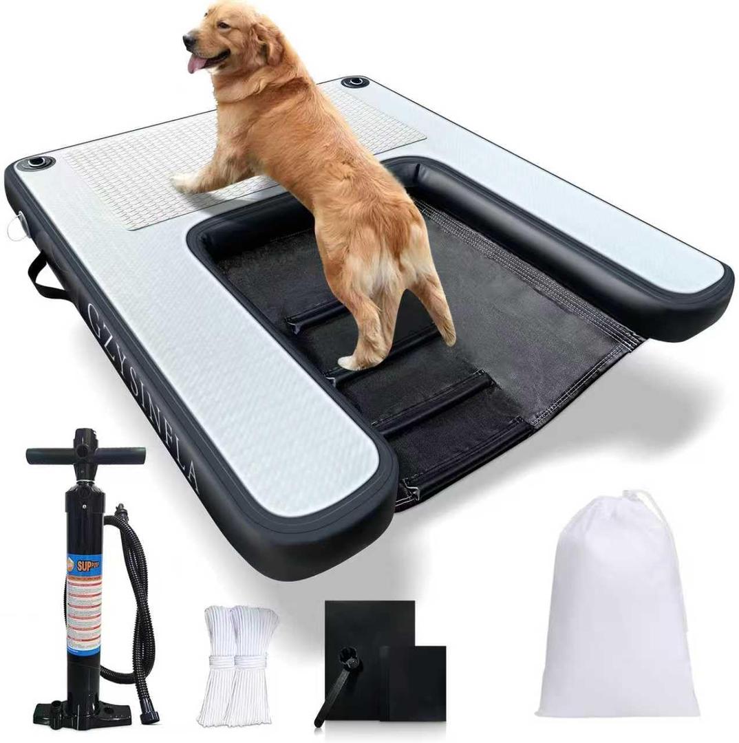 Inflatable Large Dog Water Ramp Float Floating Ramp-Swimming Pets Up to 200 Pounds Large Dogs-Inflatable Stairs for Boats, Docks, with Pump/Rope/Repair Kit - PVC Anti-Slip Fabric (Black)