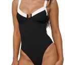 BERLOOK One Piece Swimsuit Women Tummy Control Ribbed Retro Bathing Suits Contrast Trim Knotted Sexy Slimming Swimwear XL