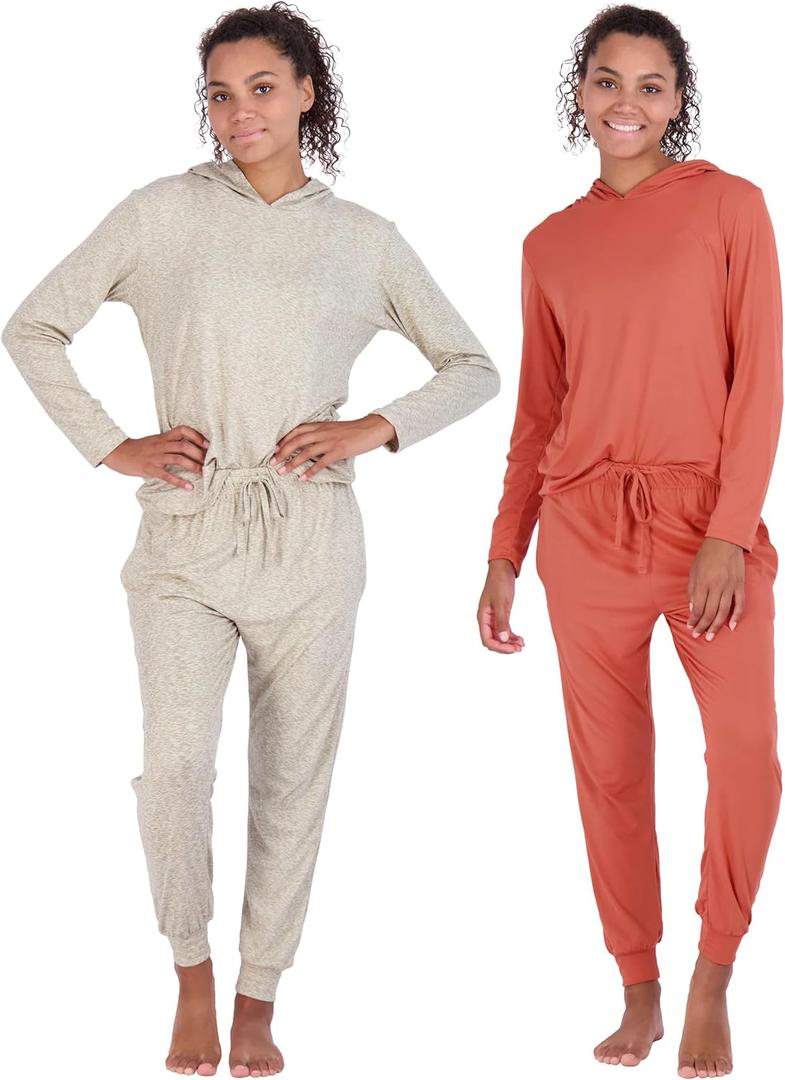 Real Essentials 2 Pack: Women's Soft Long Sleeve Sleep Set - Comfortable Lounge Pull Over Hoodie and Henley Jogger (1X)
