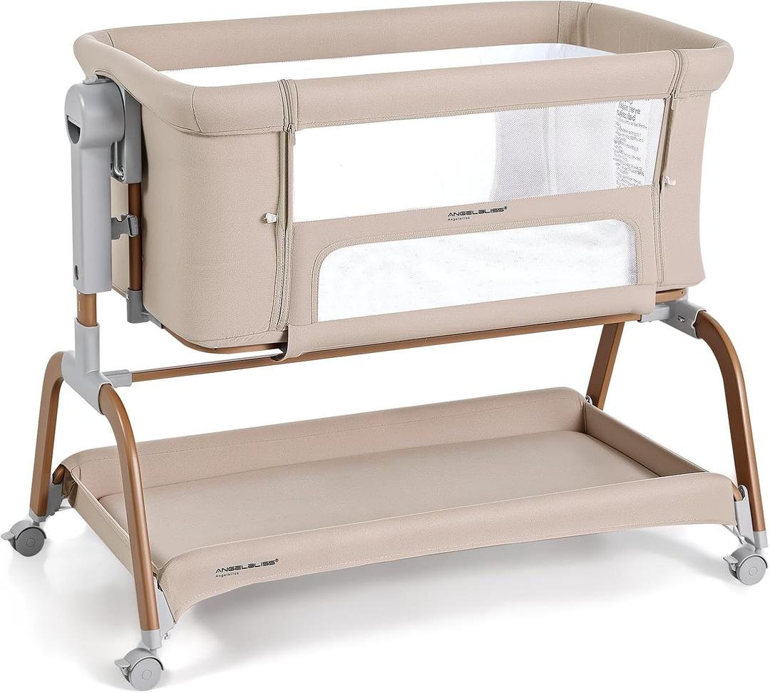 ANGELBLISS 3 in 1 Baby Bassinet, Rocking Bassinets Bedside Sleeper with Comfy Mattress and Wheels, 6 Height Adjustable Easy Folding Portable Bedside Crib for Newborn Infant (Khaki)