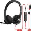 JIAMQISHI USB Headset with Microphone for PC, On-Ear Computer Laptop Headphones with Noise Cancelling Mic in-line Control for Home Office Online Class Zoom (Type C+3.5mm, Black)