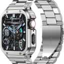 MioHHR Stainless Steel Band and Case Compatible with Apple Watch Band 46mm, Men Metal Protective Bumper Cover for iWatch Series 10 46mm, Silver