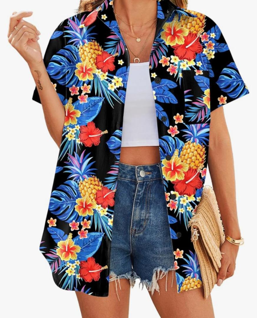 HOTOUCH Hawaiian Shirts for Women Summer Short Sleeve Button Down Blouses Cool Tropical Tops Beach Vacation Clothes, Small