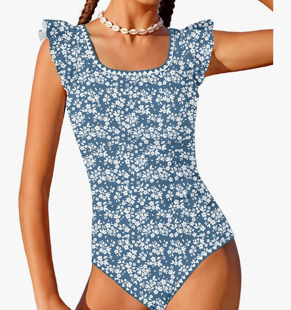 Girls Swimsuit Ruffled Square Neck Color Contrast Trim One Piece Bathing Suit Geometric Girls'Swimwear 15-16Y