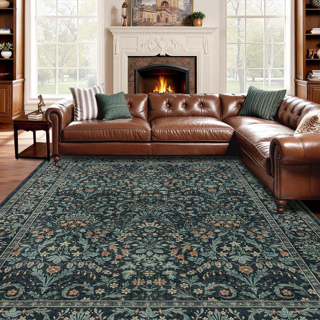 Woaboy Washable 8x10 Area Rug for Living Room Bedroom Dining Room Under Kitchen Table,Non-Slip Low Pile Stain Resistant Soft Large Carpet for Vintage Floral Oriental Home Decor Dark Green/Navy/Black