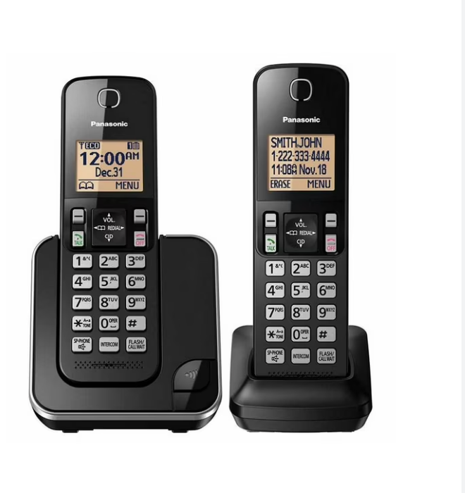Panasonic Cordless Phone 2 Handsets System Expandable with Amber Backlit Display – KXTGC352B (Black)