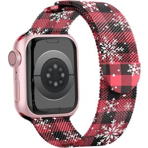 Christmas Apple Watch Bands for Women Men 38mm 40mm 41mm 42mm 44mm 45mm 46mm 49mm, Stainless Steel Magnetic Milanese Loop Christmas Apple Watch Band for iWatch Ultra Series 11 10 SE 9 8 7 6 5 (Christmas Checkered Snowflakes (Red & Black))