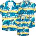Family Hawaiian Matching Outfits Father Son Matching Shirts Tropical Flower Short Sleeve Button Down Tops (Blue)