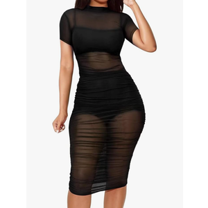 Women See Through Bodycon Dress - Sexy 3 Piece Outfits Cami Top Shorts Ruched Sheer Mesh Midi Party Dress M