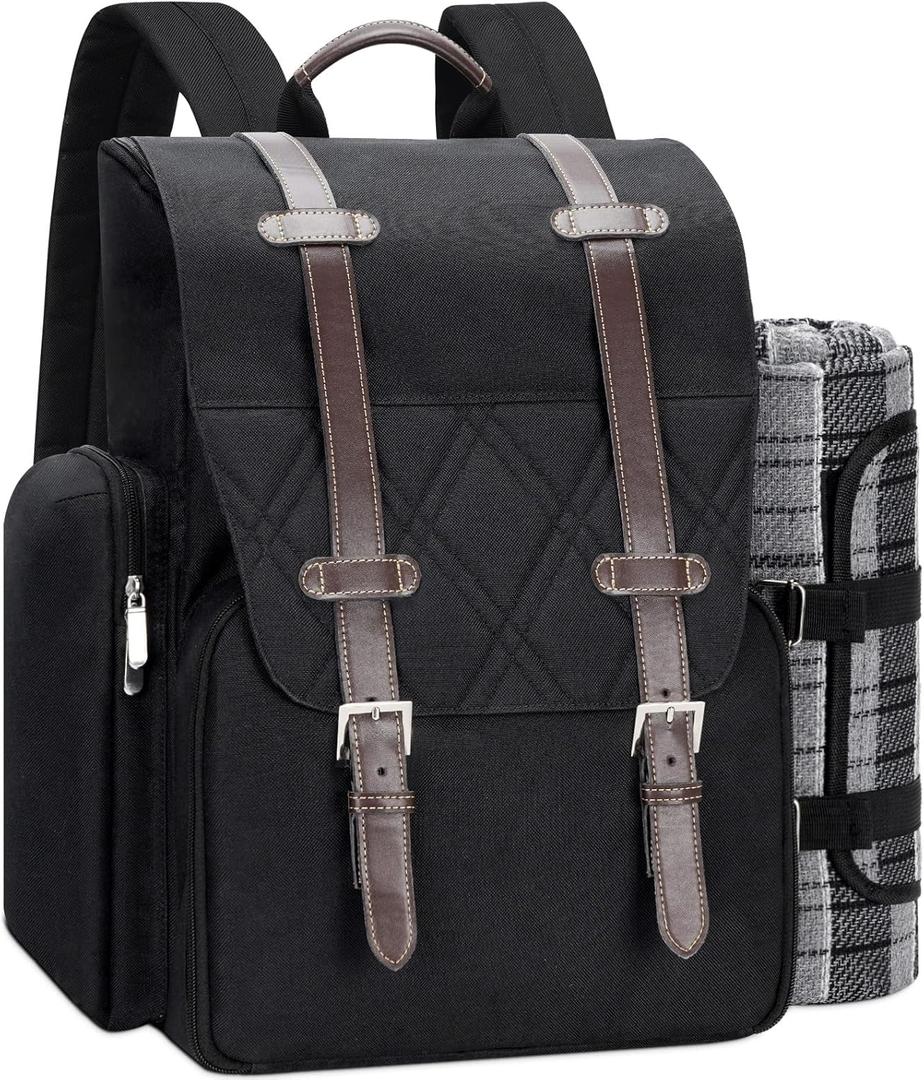 Picnic Backpack for 4 Person with Large Insulated Cooler Bag, Picnic Basket Set with Wine Pouch, Waterproof Picnic Blanket & Cutlery Set. Perfect for Beach, Camping, Party,Wedding Gift for Couple. (Black)