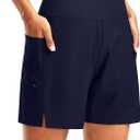 G Gradual Women's 7" Long Swim Board Shorts High Waisted Quick Dry Beach Swimming Shorts for Women with Liner Pockets (Navy, XXL)
