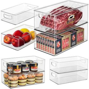 Hudgan 8 Pack Pantry Organizer and Storage, 2 Extra Large Stackable Freezer Organizer Bin, 3 Large Clear Storage Bin and 3 Medium Plastic Container for Home Edit, Kitchen Cabinet, Bathroom Shelf