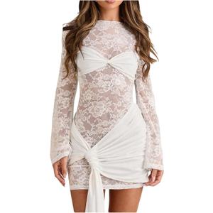 Verdusa Women's Floral Lace Mini Bodycon Dresses Tie Knot Long Sleeve Ruched Date Night Dress (Large, White)