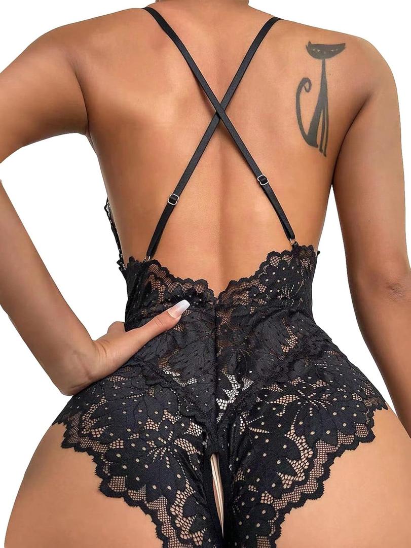 SOLY HUX Women's One Piece Lingerie Sexy Lace Babydoll Deep V Teddy Criss Cross Backless Teddy Mini Bodysuit (Pure Black)