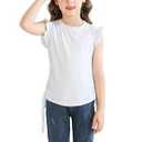 Girls Ruffle Short Sleeve Shirts Ruched Knot Side Tunic Blouse Fashion Summer Tee Tops for 5-12 Years (Green)