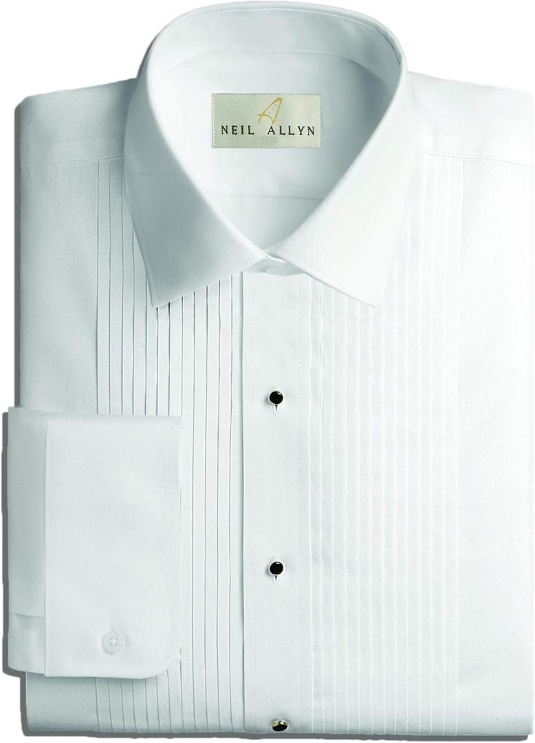 Mens Tuxedo Shirt Poly/Cotton Laydown Collar 1/4 Inch Pleat (16" Neck 32"-33" Sleeve, White)