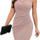 IHOT 2025 Women's Sexy V Neck Sleeveless Faux Wrap Ruched Sheath Bodycon Cocktail Party Work Dress (Medium, Nude-pink)