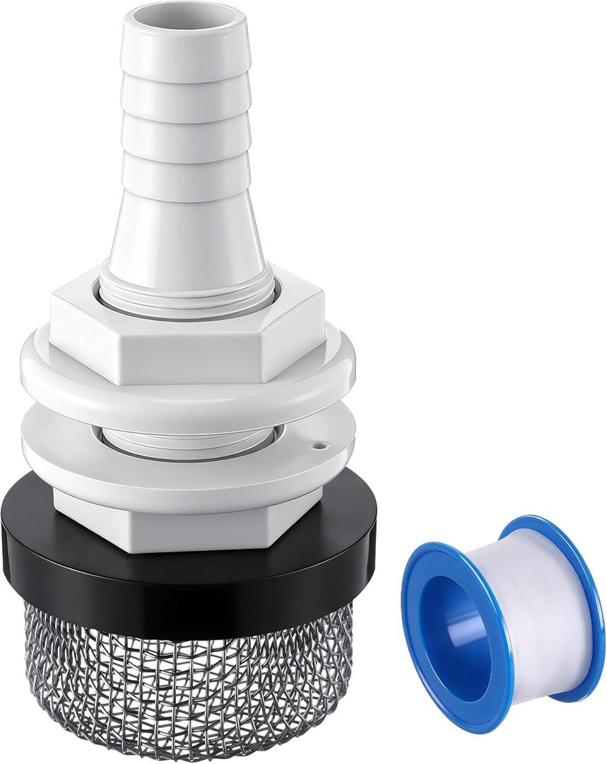 Thru Hull Strainer Mount with Aerator Screen, Boat Water Intake Fitting for Livewell Aerator Pump Systems, Thru Hull Water Pickup for 3/4" ID Hose Plastic Marine Intake Strainer for Fishing