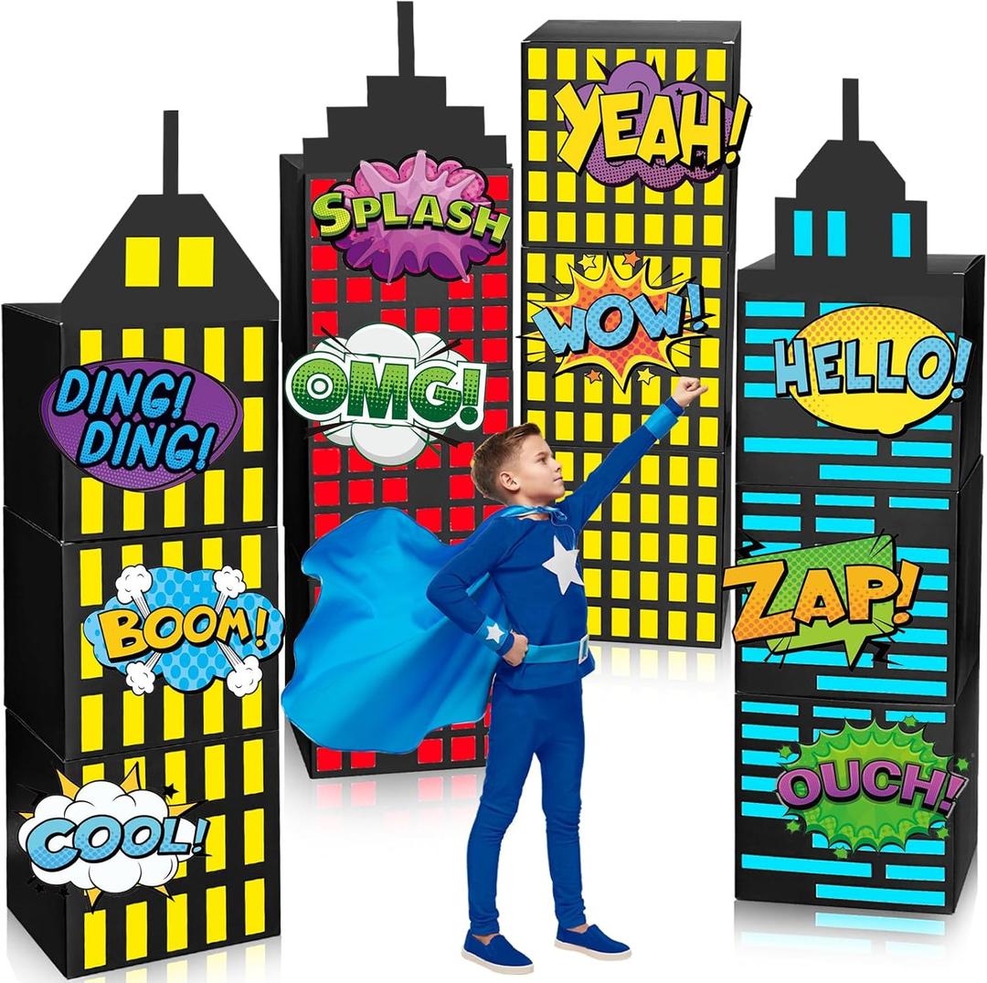 Large Super Theme Hero Party Decorations Background Skyscraper Birthday Decor Boxes Photography Backdrop Include 12 Skyscraper Boxes 10 Stickers 3 Roof Decor for Super Theme Party (Multicolor 25 Pcs)
