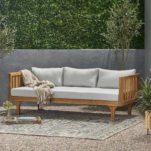 Outdoor 3-Seater Daybed with Cushions, Acacia Wood Frame Patio Lounge Sofa, Slatted Back and Seat, Water-Resistant Cushions, Rustic Wooden Day Bed for Porch, Deck, or Garden, Natural Finish