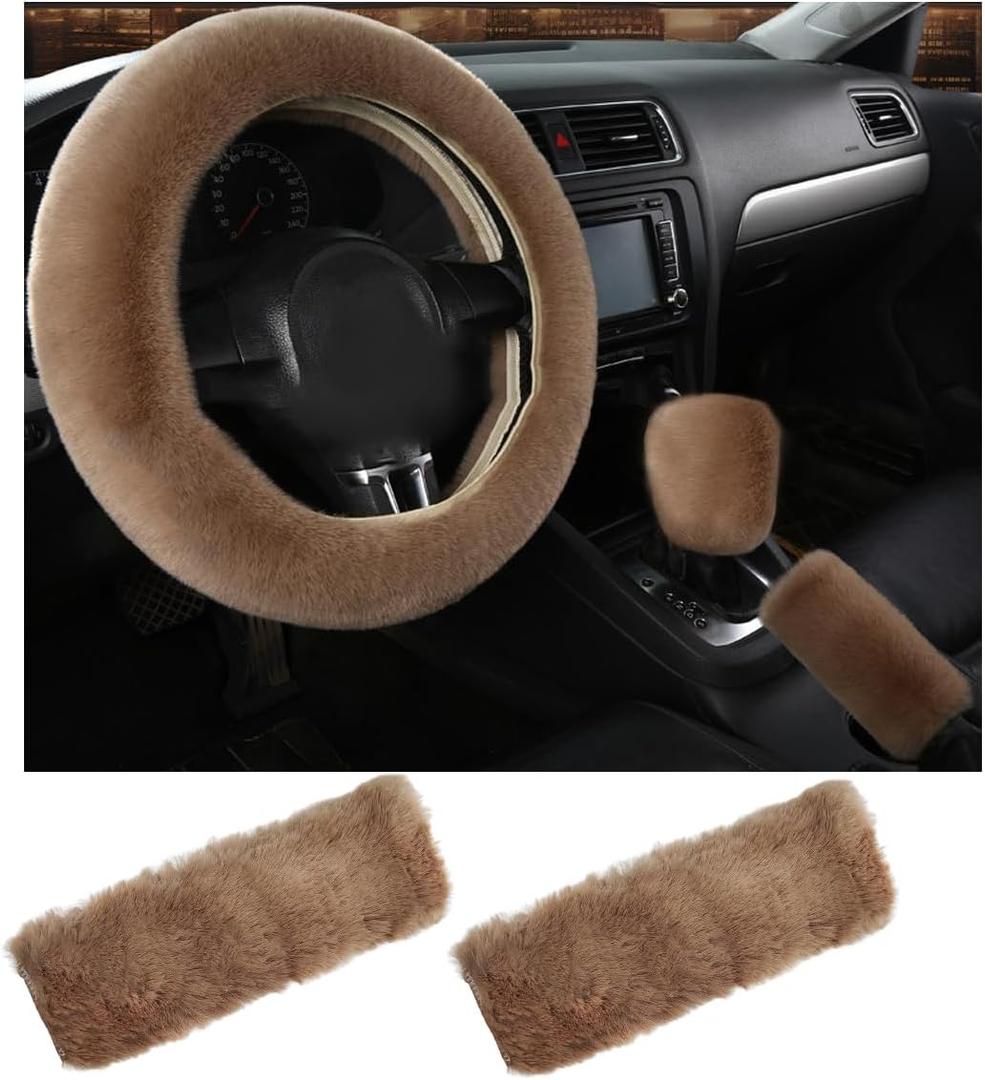 6 PCS Fluffy Steering Wheel Covers Set, Faux Wool Steering Wheel Cover & Handbrake Cover & Gear Shift Cover & 2 Seat Belt Shoulder Pads, Universal Car Accessories (Light Brown)