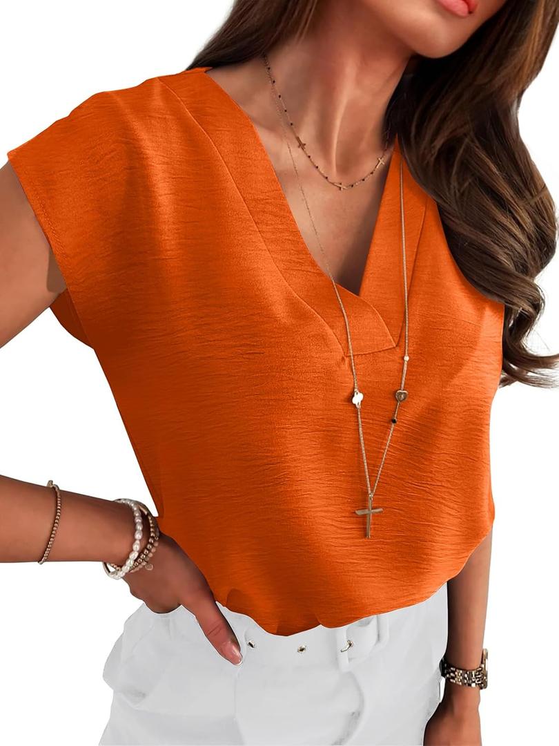 ANRABESS Women Tops Cap Sleeve Dressy Casual V Neck Shirts 2026 Summer Business Work Blouses Outfits Trendy Spring Clothing (Large, Orange)