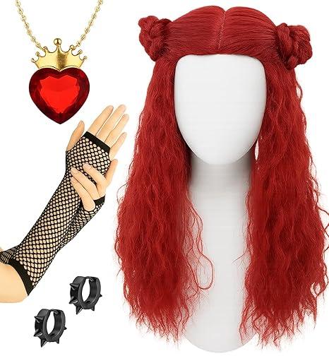 Swooflia Red Curly Wig for Women & Cosplay Accessories  Convenient Set Includes Adjustable Wig Cap, Necklace, Earings, Sleeve, Cosplay Wig for Halloween, Costume, Party and Daily Use (W24)