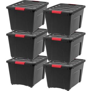 IRIS USA 54 Qt Stackable Plastic Storage Bins with Lids, 6 Pack - BPA-Free, Made in USA - Garage Organizing Solution, Latches, Durable Nestable Containers, Secure Pull Handle - Black