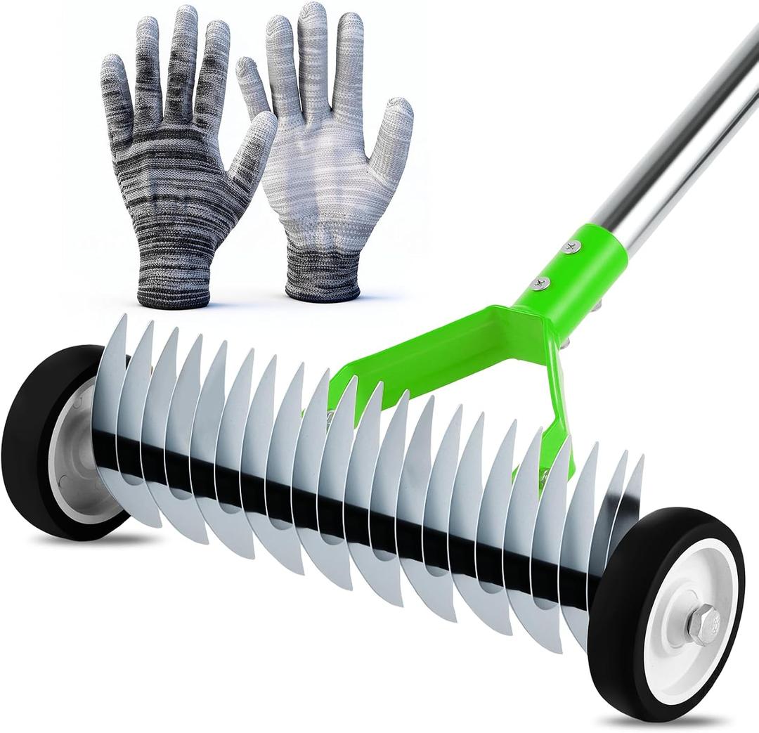 Rolling Thatch Rake for Lawns, 15.28 Inch Steel Dethatcher Rake with Wheels, Adjustable 0-15 Angle & 62.99 Inch Handle, Heavy-Duty Yard Tool for Dead Grass/Moss Removal & Lawn Care