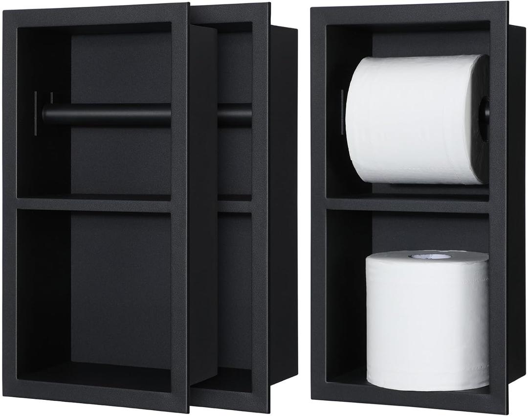Honeydak 2 Pcs Recessed Toilet Paper Holder 304 Stainless Steel Tissue Paper Holder Bathroom Storage in Wall Tissue Toilet Roll Frame Space Saving Restroom Napkin Frame Insert Easy Installation Black