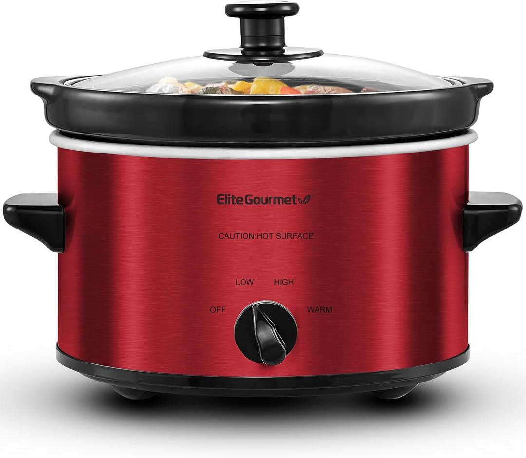 Elite Gourmet MST-275XR Electric Oval Slow Cooker, Adjustable Temp, Entrees, Sauces, Stews & Dips, Dishwasher Safe Glass Lid & Crock (2 Quart, Metallic Red)
