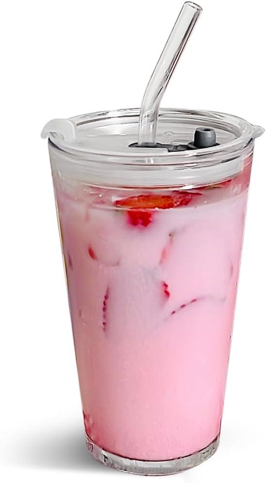 Olvini 15oz Glass Tumbler with Straw and Lid, Cute Iced Coffee Cups, Aesthetic Glass Cups, Coffee Tumbler, Water Cup, Matcha Cup, Drinking Glasses (Clear)