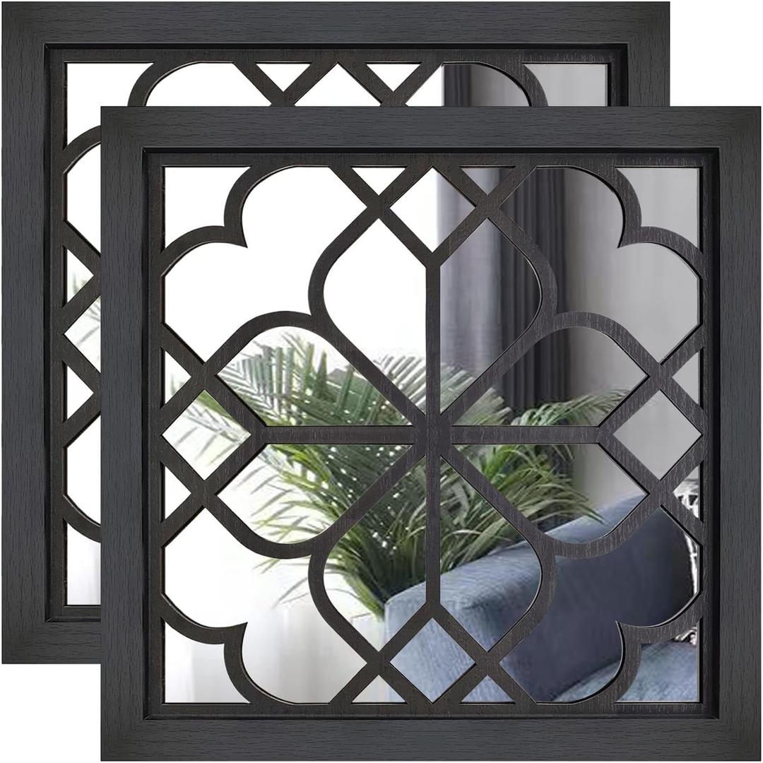 Wall Mirror Square Wooden Decorative Mirrors for Wall Farmhouse Living Room Hallway Entryway, 2 Pcs, 12inch x 12inch (Small, Black)