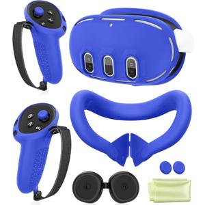 Silicone Cover Set Compatible with Meta Oculus/Quest 3, VR Accessories Protective Cover Includes Controller Grips, Front Shell Headset Cover and Face Cover, Not Fit Quest 3S (Blue)