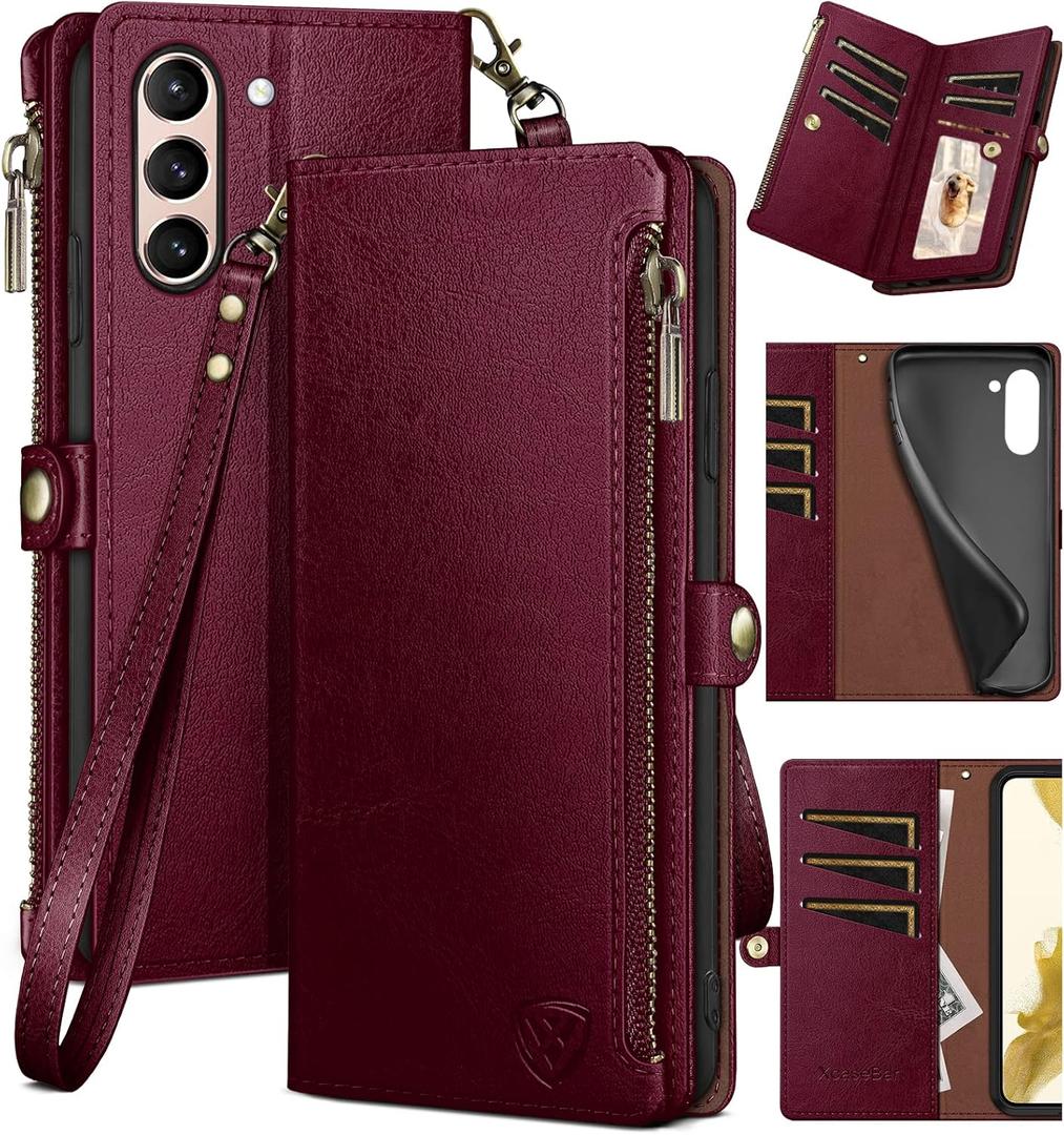 XcaseBar for Samsung Galaxy S21 Wallet case with Zipper Credit Card HolderRFID Blocking, Flip Folio Book PU Leather Phone case Shockproof Cover Women Men for Samsung S21 case Wine Red