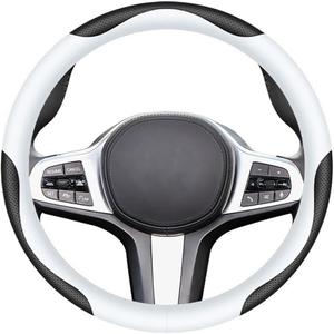 Carodi Leather Car Steering Wheel Cover, Elegant, Fashionable, Comfortable, Non-Slip, Breathable, Universal 15 inch, Black and White
