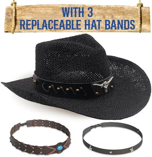 Funcredible Straw Cowboy Hat for Women - Straw Cowgirl Hat - Vintage Cowboy Hat with 1 Replaceable Hat Bands