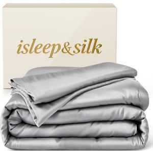 Silk Comforter Set 4 Pieces, All-Season 100% Silk Filled Comforter with Detachable Duvet Cover, Moisture-Wicking, Bedding Set with Comforter Insert, Duvet Cover, 2 Pillowcases (Grey, Queen)