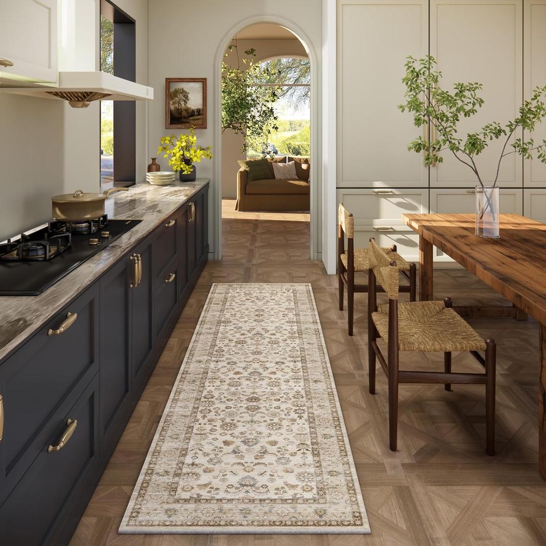 Washable Runners for Hallways Kitchen Rug: 2'6"x8' Kitchen Runner Stain Resistant Non Slip Low Pile Soft Carpet Runners for Hallways Bedroom Entryway Indoor Beside Bathroom Laundry Room (Beige White)