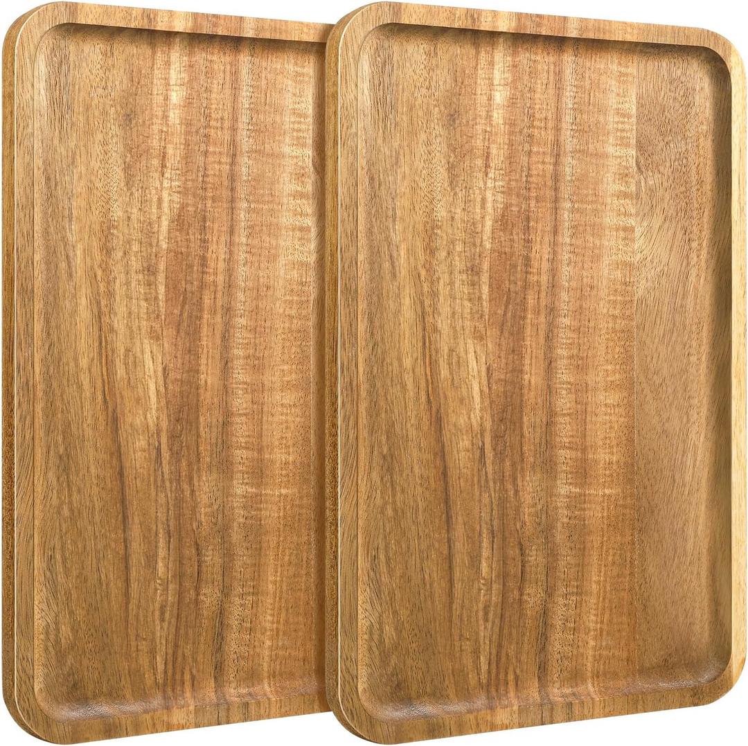 2 PCS 11.8  7.8 Solid Acacia Wood Serving Trays Rectangular Wooden Serving Platters Wood Tray Large Wooden Boards Kitchen Display Tray for Food, Charcuterie, Coffee Table Decor