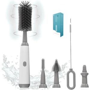 Electric Bottle Brush Set, 360Automatic Bottle Brush Cleaner with 3 Sizes Replaceable Silicone Bottle Brush and Extension Handle for Long BottlesStraw Cleaner Brush,IPX65& Rechargeable(Grey) (Gray)