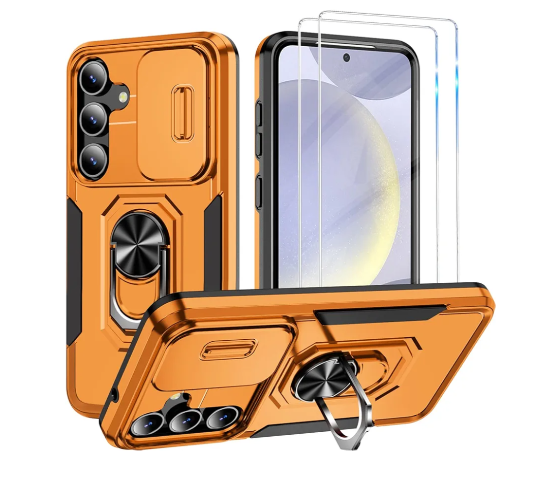 for Samsung Galaxy S24 Plus Case with Screen Protector, Slide Camera Lens Cover, for Samsung S24 Plus with Ring Stand,Heavy Duty Shockproof Full Body Protective Case for Galaxy S24 Plus (Orange)
