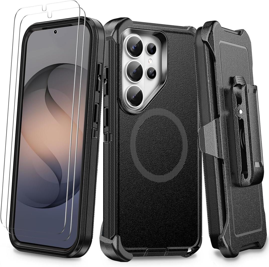 for Samsung Galaxy S26 Ultra Case with Belt Clip Holster, [2X Screen Protector][Compatible with MagSafe] Military-Grade Shockproof 3-Layer Protection, Heavy Duty Magnetic Phone Case Cover (Black)