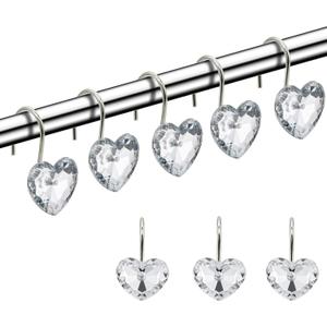 Actpe Decorative Crystal Heart Shape Shower Curtain Hooks Rust Resistant Hooks Glide Shower Ring Hangs Holder Bling for Bathroom, Pack of 12