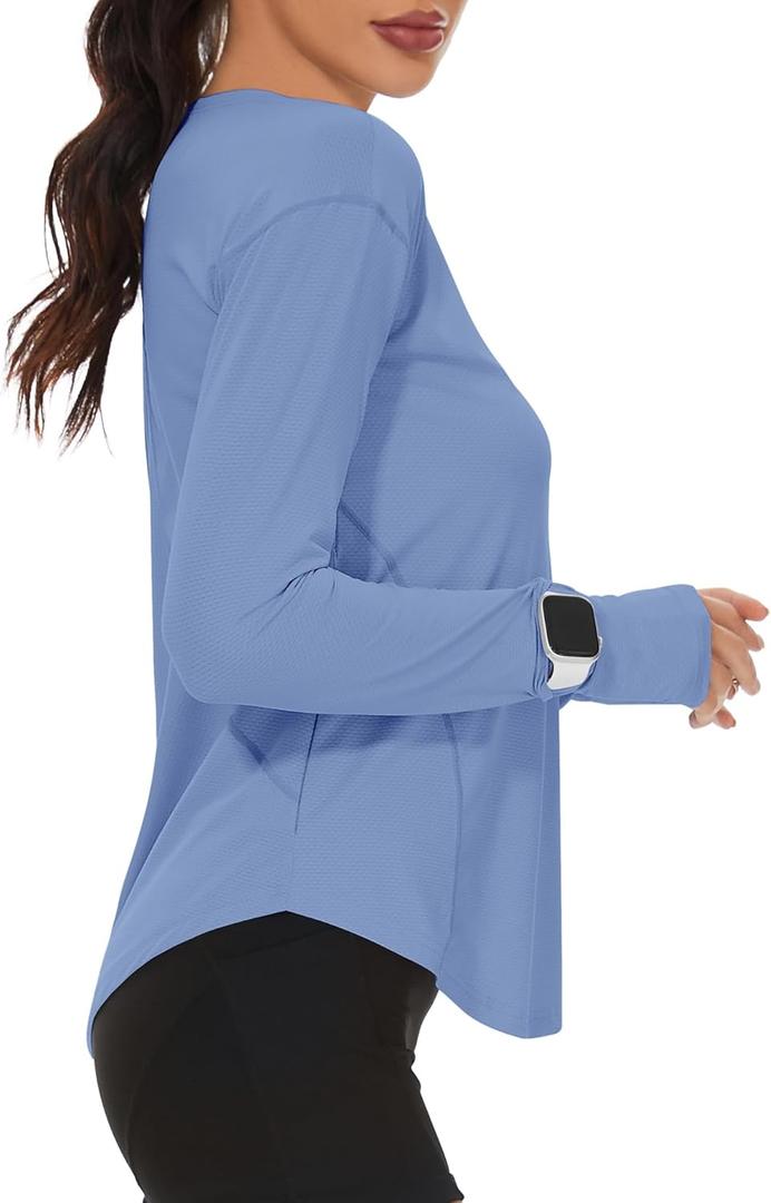 Loovoo Womens Workout Shirts UPF 50+ Running Sun Shirt Long Sleeve Gym T Shirt Quick Dry Fit Athletic Tops Boatneck Soft Yoga Top Haze Blue XX-Large