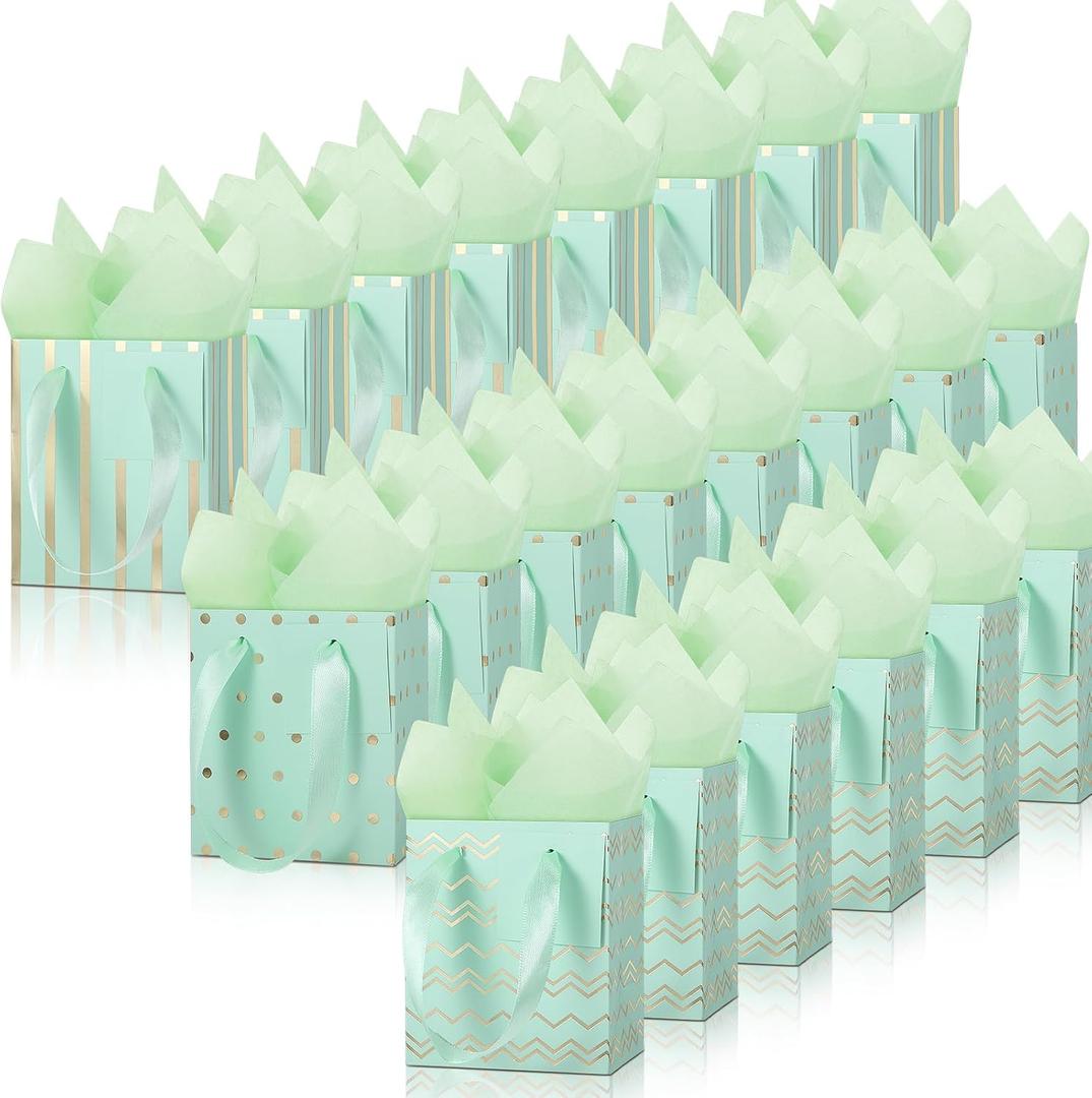 Tenare 24 Pcs Small Gift Bags Mini Metallic Paper Bags Bulk Tiny with Handles Tissue Paper for Jewelry Gift Wrap Mother's Father's Day Graduation Party Supply(4 x 2.8 x 4.5 Inch,Light Green)