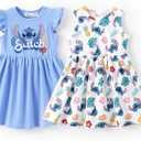 Disney Frozen Elsa Princess Minnie Mouse Stitch Toddler Girl Dresses 2 Pack Long Ruffle Sleeve Costume Set Outfit 4-5 Years