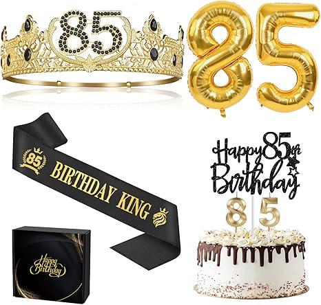 85th Birthday Gifts for Men, 85th Birthday Decorations for Men, Party Decor Supplies Including King Crown & Sash & Balloons & Cake Topper & Candles