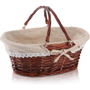 Dicunoy Wicker Basket with Handle, Picnic Baskets with Liner, Empty Gift Gardening Baskets for Harvesting, Willow Organizer Storage Basket for Fruit, Candy, Wine, Gathering, Wedding