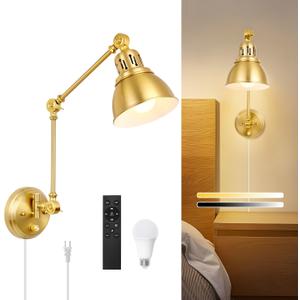 1 Pack Plug in Wall Sconce with Remote, Dimmable, Adjustable Colors, Swing Arm Wall Lamp, Plug in Wall Light with Timer & Night Light (Gold, with Bulb+Remote)